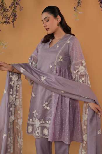 Buy_Banera_Purple Chanderi V-neck Clara Embroidered Kurta Set _Online_at_Aza_Fashions