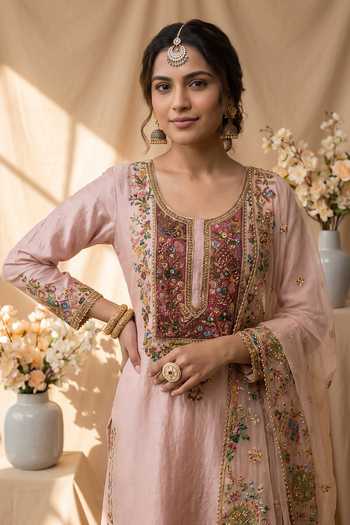 Shop_Mandira Wirk_Pink Chanderi Scoop Neck, Yes Floral Resham Embroidered Kurta Set _Online_at_Aza_Fashions