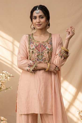 Mandira Wirk Pink Chanderi Tassels Round Neck, Yes Floral Resham Embroidered Kurta Set Online at Aza Fashions Mandira Wirk_Pink Chanderi Tassels Round Neck, Yes Floral Resham Embroidered Kurta Set _Online_at_Aza_Fashions