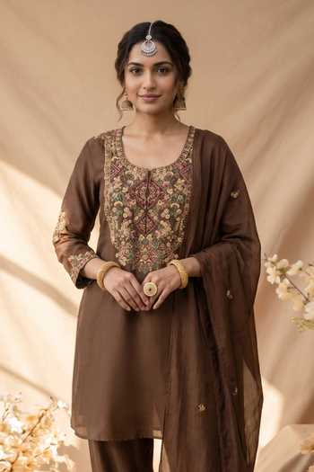 Mandira Wirk_Brown Chanderi Tassels Scoop Neck Embroidered Floral Panelled Kurta Set _Online_at_Aza_Fashions