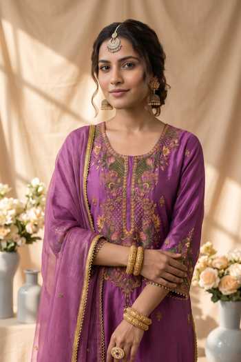 Mandira Wirk Purple Chanderi Round Neck Floral Resham Embroidered Kurta Set Online at Aza Fashions Mandira Wirk_Purple Chanderi Round Neck Floral Resham Embroidered Kurta Set _Online_at_Aza_Fashions