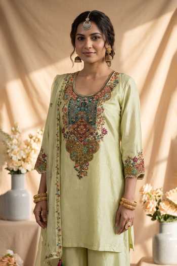 Mandira Wirk Yellow Chanderi Scoop Neck Embroidered Kurta Pant Set Online at Aza Fashions Mandira Wirk_Yellow Chanderi Scoop Neck Embroidered Kurta Pant Set _Online_at_Aza_Fashions