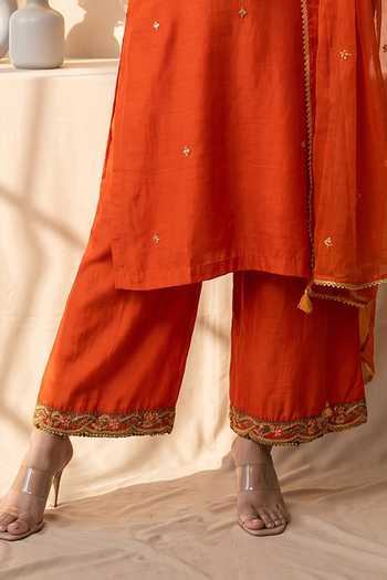Mandira Wirk_Orange Chanderi Embroidery V-neck, Yes Resham Kurta Palazzo Set _Online_at_Aza_Fashions