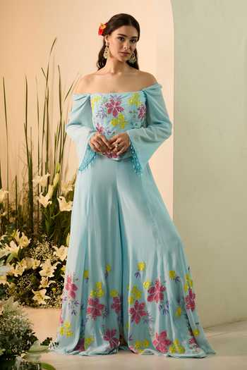 Meghstudio_Blue Crepe Sequins, Crystals Square Neck Jasmine Corset And Sharara Set _Online_at_Aza_Fashions