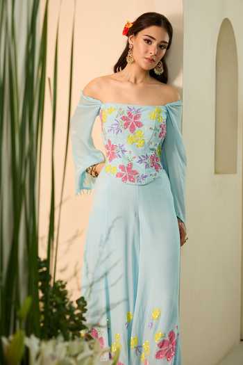 Buy_Meghstudio_Blue Crepe Sequins, Crystals Square Neck Jasmine Corset And Sharara Set _Online_at_Aza_Fashions