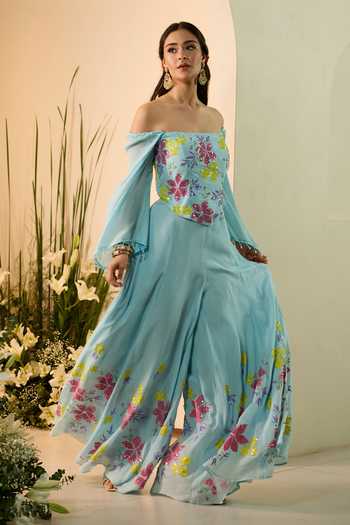 Shop_Meghstudio_Blue Crepe Sequins, Crystals Square Neck Jasmine Corset And Sharara Set _Online_at_Aza_Fashions