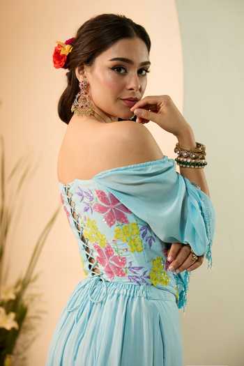 Meghstudio_Blue Crepe Sequins, Crystals Square Neck Jasmine Corset And Sharara Set _at_Aza_Fashions