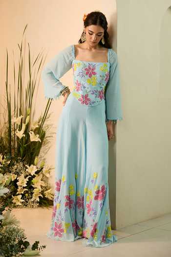 Shop_Meghstudio_Blue Crepe Sequins, Crystals Square Neck Jasmine Corset And Sharara Set 