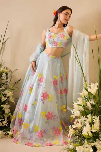 Buy Meghstudio Blue Organza Sweetheart Neck Elsa Sequin Embroidered Lehenga Set Buy_Meghstudio_Blue Organza Sweetheart Neck Elsa Sequin Embroidered Lehenga Set