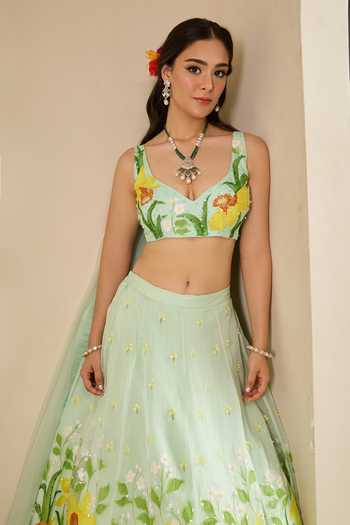 Meghstudio Green Organza Square Neck Ariel Sequin Work Lehenga Set Online at Aza Fashions Meghstudio_Green Organza Square Neck Ariel Sequin Work Lehenga Set _Online_at_Aza_Fashions