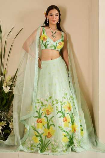 Shop Meghstudio Green Organza Square Neck Ariel Sequin Work Lehenga Set Online at Aza Fashions Shop_Meghstudio_Green Organza Square Neck Ariel Sequin Work Lehenga Set _Online_at_Aza_Fashions