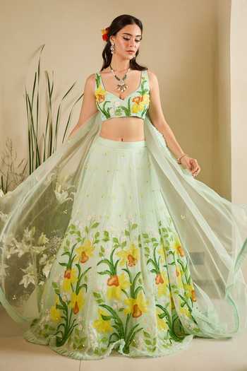 Meghstudio Green Organza Square Neck Ariel Sequin Work Lehenga Set at Aza Fashions Meghstudio_Green Organza Square Neck Ariel Sequin Work Lehenga Set _at_Aza_Fashions