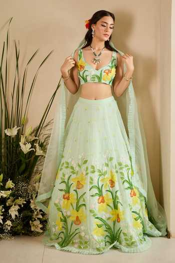 Buy Meghstudio Green Organza Square Neck Ariel Sequin Work Lehenga Set Buy_Meghstudio_Green Organza Square Neck Ariel Sequin Work Lehenga Set