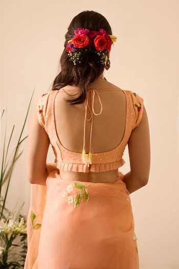 Meghstudio_Peach Organza Deep Neck Bella Embroidered Saree With Blouse _Online_at_Aza_Fashions