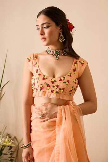 Buy_Meghstudio_Peach Organza Deep Neck Bella Embroidered Saree With Blouse _Online_at_Aza_Fashions