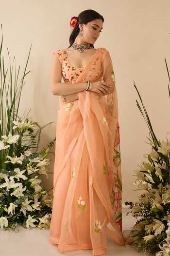 Shop_Meghstudio_Peach Organza Deep Neck Bella Embroidered Saree With Blouse _Online_at_Aza_Fashions