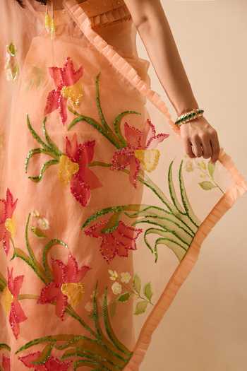 Meghstudio_Peach Organza Deep Neck Bella Embroidered Saree With Blouse _at_Aza_Fashions