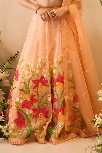 Buy Meghstudio Peach Organza Sweetheart Neck Bella Sequin Embroidered Lehenga Set Online at Aza Fashions Buy_Meghstudio_Peach Organza Sweetheart Neck Bella Sequin Embroidered Lehenga Set _Online_at_Aza_Fashions