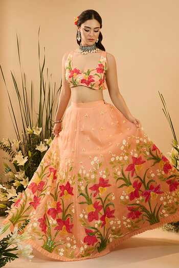 Shop Meghstudio Peach Organza Sweetheart Neck Bella Sequin Embroidered Lehenga Set Shop_Meghstudio_Peach Organza Sweetheart Neck Bella Sequin Embroidered Lehenga Set