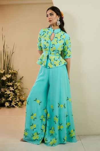 Buy_Meghstudio_Blue Crepe Mandarin Collar, Bloom Floral Embroidered Peplum Kurta And Palazzo Set _Online_at_Aza_Fashions