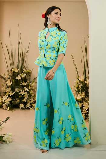 Shop_Meghstudio_Blue Crepe Mandarin Collar, Bloom Floral Embroidered Peplum Kurta And Palazzo Set _Online_at_Aza_Fashions