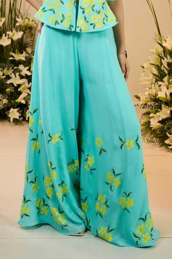 Meghstudio_Blue Crepe Mandarin Collar, Bloom Floral Embroidered Peplum Kurta And Palazzo Set _at_Aza_Fashions
