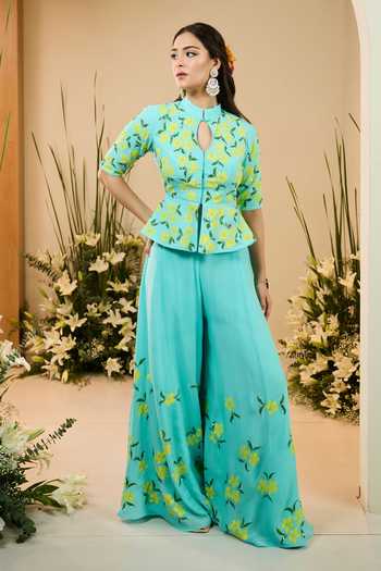 Meghstudio Bloom Floral Embroidered Peplum Kurta & Palazzo Set