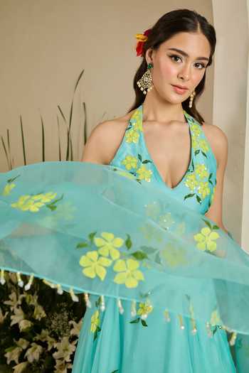 Meghstudio Blue Crepe, Organza Halter Neck Bloom Sequin Embroidered Lehenga Set Online at Aza Fashions Meghstudio_Blue Crepe, Organza Halter Neck Bloom Sequin Embroidered Lehenga Set _Online_at_Aza_Fashions