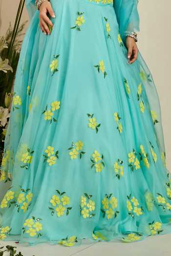 Shop Meghstudio Blue Crepe, Organza Halter Neck Bloom Sequin Embroidered Lehenga Set Online at Aza Fashions Shop_Meghstudio_Blue Crepe, Organza Halter Neck Bloom Sequin Embroidered Lehenga Set _Online_at_Aza_Fashions