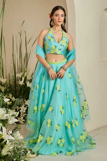 Meghstudio Blue Crepe, Organza Halter Neck Bloom Sequin Embroidered Lehenga Set at Aza Fashions Meghstudio_Blue Crepe, Organza Halter Neck Bloom Sequin Embroidered Lehenga Set _at_Aza_Fashions