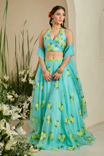 Buy Meghstudio Blue Crepe, Organza Halter Neck Bloom Sequin Embroidered Lehenga Set Buy_Meghstudio_Blue Crepe, Organza Halter Neck Bloom Sequin Embroidered Lehenga Set