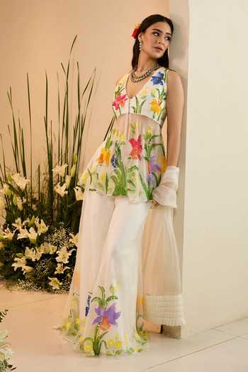 Meghstudio_White Organza V-neck Eden Embroidered Kurta Sharara Set _Online_at_Aza_Fashions
