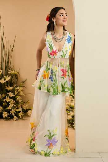 Shop_Meghstudio_White Organza V-neck Eden Embroidered Kurta Sharara Set _Online_at_Aza_Fashions