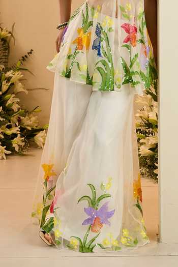 Meghstudio_White Organza V-neck Eden Embroidered Kurta Sharara Set _at_Aza_Fashions