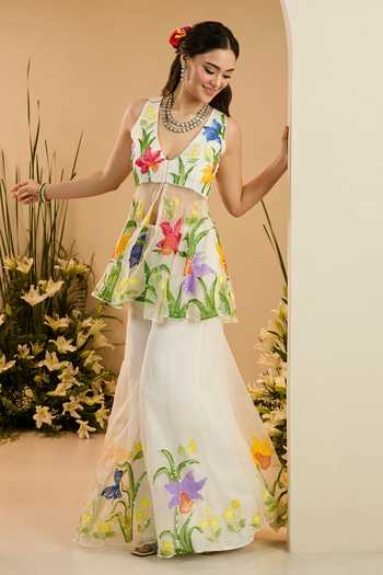 Buy_Meghstudio_White Organza V-neck Eden Embroidered Kurta Sharara Set 