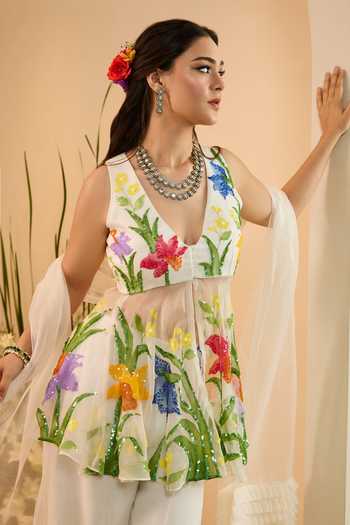 Shop_Meghstudio_White Organza V-neck Eden Embroidered Kurta Sharara Set 