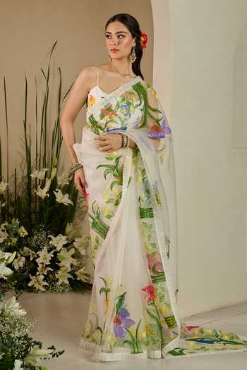 Meghstudio 3D Floral Embroidered Saree & Blouse Set