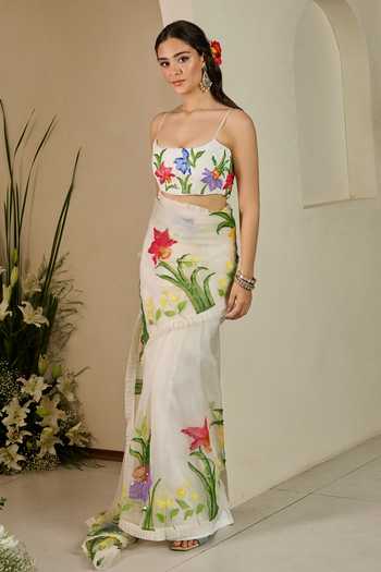 Meghstudio_White Organza Sweetheart Neck 3d Floral Embroidered Saree And Blouse Set _Online_at_Aza_Fashions