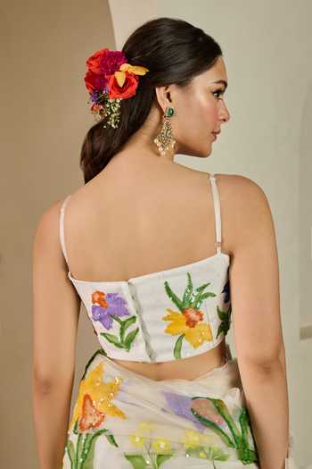 Meghstudio_White Organza Sweetheart Neck 3d Floral Embroidered Saree And Blouse Set _at_Aza_Fashions