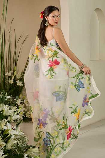 Meghstudio 3D Floral Embroidered Saree & Blouse Set