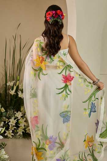 Buy_Meghstudio_White Organza Sweetheart Neck 3d Floral Embroidered Saree And Blouse Set 