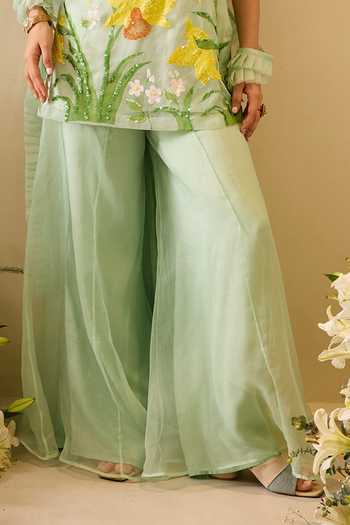 Meghstudio_Green Organza Square Neck Ariel Floral Embroidered Kurta Sharara Set _Online_at_Aza_Fashions
