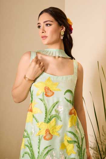 Buy_Meghstudio_Green Organza Square Neck Ariel Floral Embroidered Kurta Sharara Set _Online_at_Aza_Fashions
