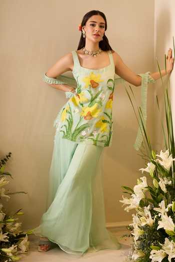 Shop_Meghstudio_Green Organza Square Neck Ariel Floral Embroidered Kurta Sharara Set _Online_at_Aza_Fashions