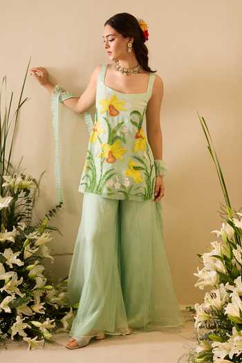 Meghstudio_Green Organza Square Neck Ariel Floral Embroidered Kurta Sharara Set _at_Aza_Fashions