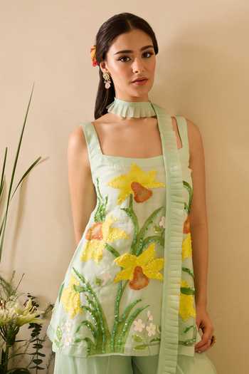 Buy_Meghstudio_Green Organza Square Neck Ariel Floral Embroidered Kurta Sharara Set 