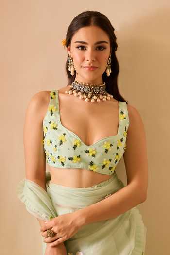 Meghstudio_Green Organza Sweetheart Neck Ariel Floral Sequin Work Saree With Blouse _Online_at_Aza_Fashions
