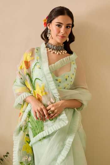Buy_Meghstudio_Green Organza Sweetheart Neck Ariel Floral Sequin Work Saree With Blouse _Online_at_Aza_Fashions