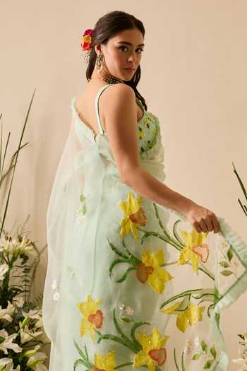 Shop_Meghstudio_Green Organza Sweetheart Neck Ariel Floral Sequin Work Saree With Blouse _Online_at_Aza_Fashions