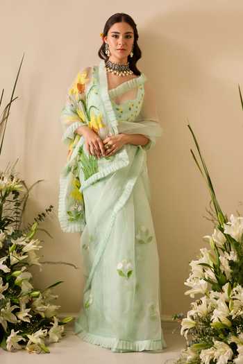 Meghstudio_Green Organza Sweetheart Neck Ariel Floral Sequin Work Saree With Blouse _at_Aza_Fashions